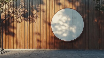 A wooden wall hosts a circular mockup signboard, awaiting a storefront's branding in a street setting 