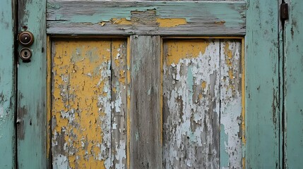 55. Worn, faded wooden door with peeling paint