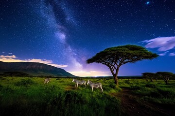 African animals, zebras under the stars, alert and watchful stay close together to protect themselves from predators
