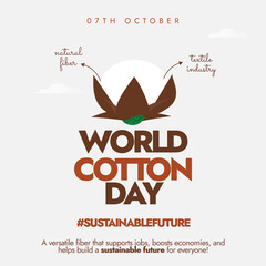World Cotton Day 7th October background, banner, post. Cotton day celebration banner with cotton flower bud, with arrows pointing to text: natural fibber, textile industry.