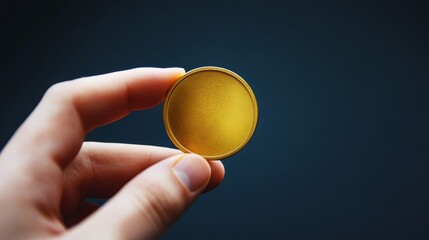  hand holding a blank gold coin on dark background. 