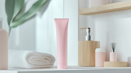  Mock-up of toothpaste in a plain pink tube on a bathroom shelf, minimalist bathroom background