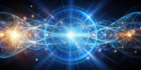 Abstract representation of quantum mechanics with digital particles and energy flows, science, technology