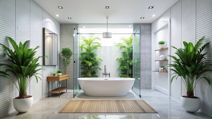 Fototapeta premium A modern white bathroom with a large bathtub, glass shower, and plants, bathroom, modern, white, bathtub, glass, shower, plants, spa
