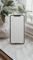 White minimalist smartphone mockup on desk, huper-realistic, renaissance theme