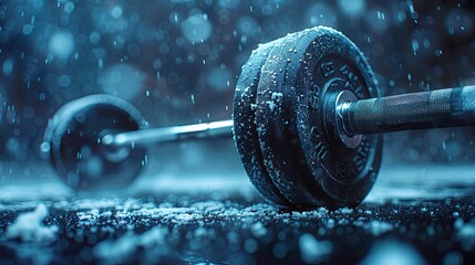 Frozen Weight Plate and Barbell in a Snowy Environment