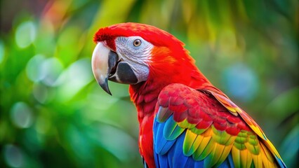 Fototapeta premium Vibrant blue and red macaw with colorful feathers, macaw, bird, blue, red, feathers, tropical, exotic, wildlife, vibrant
