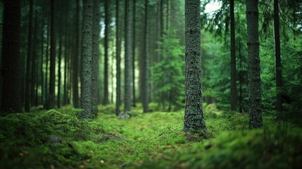 Fototapeta premium A serene forest scene with tall trees and lush green undergrowth.