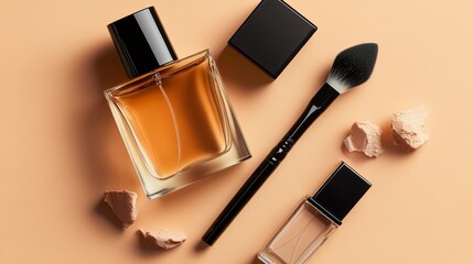  a top down image of a perfume bottle, a black make up brush, a lipstick, make up texture and a skincare cream on a peach background