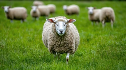 Naklejka premium Sheep grazing in a lush green field, with a focus on their thick, woolly coats, emphasizing the natural habitat and wool quality.