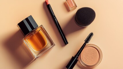  a top down image of a perfume bottle, a black make up brush, a lipstick, make up texture and a skincare cream on a peach background
