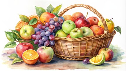 Vintage watercolor painting of a fruit basket with apples, grapes, and oranges, vintage, watercolor, fruit basket, apples, grapes