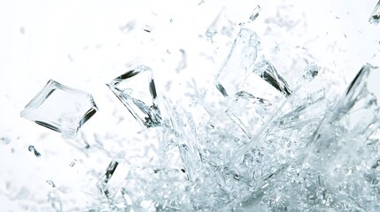 Obraz premium Shattered Glass Effect: Fragments of shattered glass frozen mid-air, creating a dynamic explosion effect against a white background. 