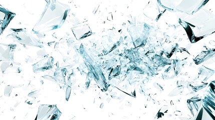 Shattered Glass Effect: Fragments of shattered glass frozen mid-air, creating a dynamic explosion effect against a white background. 