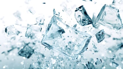 Obraz premium Shattered Glass Effect: Fragments of shattered glass frozen mid-air, creating a dynamic explosion effect against a white background. 