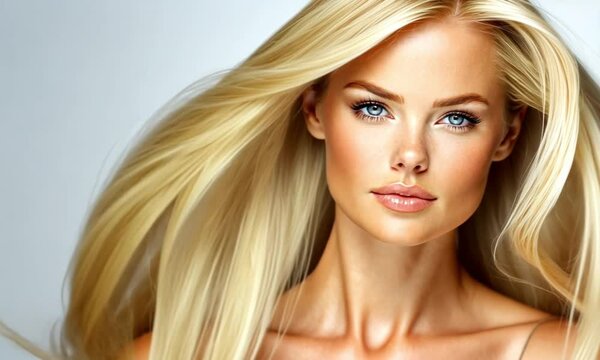 A woman with long flowing blonde hair gazing confidently, with blue eyes, set against a light background, showcasing beauty and elegance