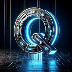 Futuristic glowing letter Q with blue neon light.