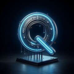 Futuristic neon blue glowing letter Q on a dark background.