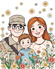 a cartoon of a man and woman with a child in a field of flowers.