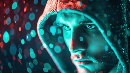 A conceptual image of a hacker wearing a hoodie and using a command line interface on a dark screen, depicting cybercrime and malicious digital activities.