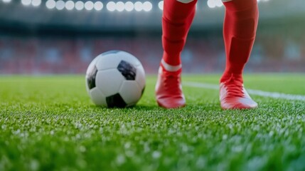 Obraz premium A soccer player in red shoes standing next to a ball on the field, AI