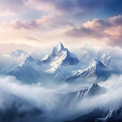 Mountains with Gentle Cloud Cover, misty peaks, soft clouds, rolling landscape, tranquil vista, distant horizon, gentle atmosphere, cloudy view, natural wonder, hazy beauty, mountain serenity
