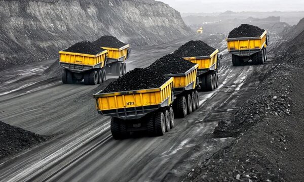 A group of heavy-duty dump trucks transporting coal in a large mining area with dark, rough terrain, highlighting industrial activity