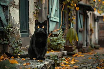 Obraz premium black cat with bright eyes sitting on stone path surrounded by autumn leaves