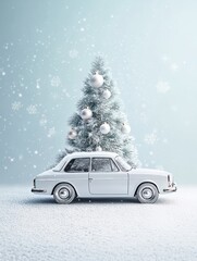 stockphoto, festive celebrate christmas eve background concept banner of xmas decorate ball and snow flake christmas tree white colour scheme mock up template seasonal design. Design for christmas car