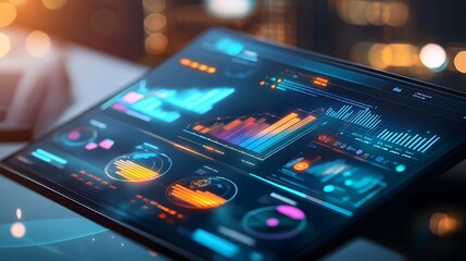 Futuristic Data Analytics Dashboard on Tablet Device.