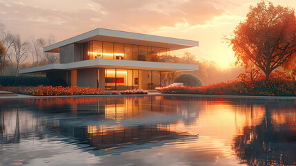 Fototapeta premium Modern House with Pool and Trees at Sunset - 3D Illustration