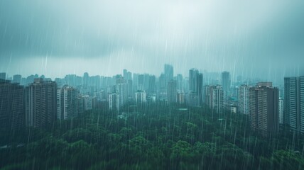 Dramatic cityscape under heavy rain, showcasing skyscrapers and lush greenery in a moody, atmospheric setting.