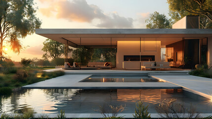 Fototapeta premium Modern House with Pool and Sunset Reflection - 3D Illustration
