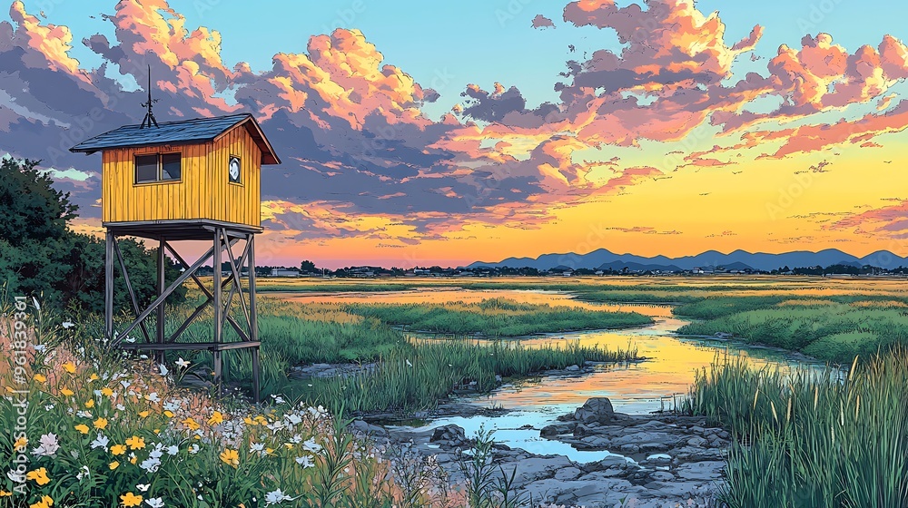 Canvas Prints Sunset over a Small River with a Yellow Cabin and Tall Grass.