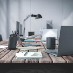 A 3D render of a modern office space with a minimalist design. There are various 3D objects related to business, such as a laptop,a pen, a notepad, and a coffee mug.