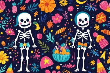 Happy Halloween Seamless Pattern with Cheerful Skeletons, Friendly Witches, and Festive Candies