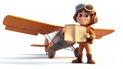 Pilot Cartoon Character Holding a Map adventurous pilot character in a classic aviator outfit holding a map in front of an old-fashioned airplane 