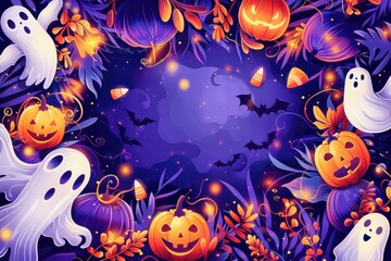 Halloween background with candy corn, pumpkins and ghosts surrounding a purple area