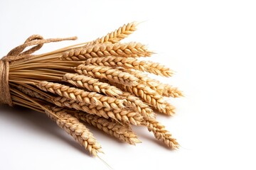 A bundle of wheat stalks tied with ribbon, rustic autumn decor, symbolic harvest item, isolated on white background