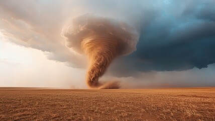 A dramatic landscape featuring a powerful tornado swirling over an open field under a moody sky, capturing the essence of nature's fury.