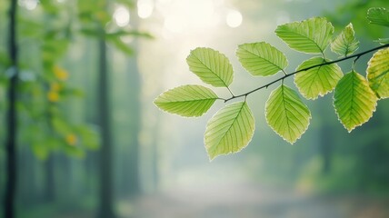 A serene close-up of green leaves illuminated by soft sunlight, creating a tranquil atmosphere in a misty forest.