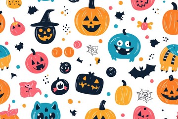 Fototapeta premium Halloween Seamless Pattern with Cute Monsters, Joyful Pumpkins, and Colorful Trick-or-Treat Goodies