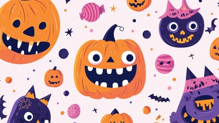 Naklejka premium Halloween Seamless Pattern with Cute Monsters, Joyful Pumpkins, and Colorful Trick-or-Treat Goodies