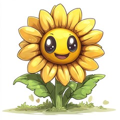 Fototapeta premium A cute cartoon sunflower with a smiling face, ideal for children's book illustrations, educational materials, or cheerful, nature-themed graphics,