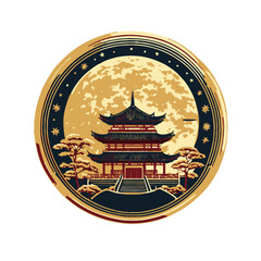Elegant Decorative Emblem with Pagoda and Full Mountain