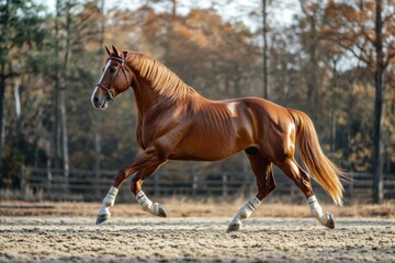 Chestnut Horse in Action: Strong Warmblood Moving in Front of Trees