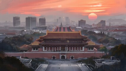 The Palace of Culture at Sunset, generative AI