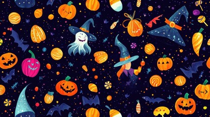 Naklejka premium Halloween Background with Vibrant Witches, Friendly Bats, and Colorful Candy Corn for Kids' Fabric