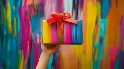 Child’s Hand Holding a Colorful Gift Box: A small hand grasping a brightly colored gift box with a large bow, set against a playful, kid-friendly background. 
