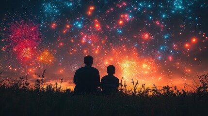 Silhouettes of Two People Watching Fireworks
